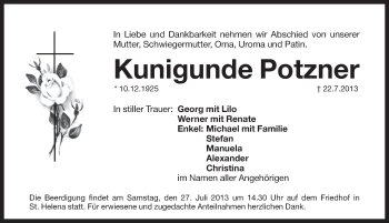 Traueranzeige von Kunigunde Potzner von Pegnitz-Zeitung
